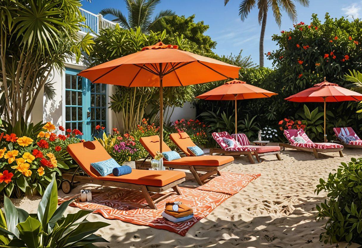 A stylish beach scene transitioning into a lush garden, featuring a diverse group of people wearing chic and colorful swimwear. The beach waves gently crash to one side while vibrant flowers bloom on the other, creating an inviting atmosphere. Incorporate elements like beach towels, tropical drinks, and garden accessories to enhance the adventure theme. Bright sunlight casts playful shadows across the scene. super-realistic. vibrant colors.